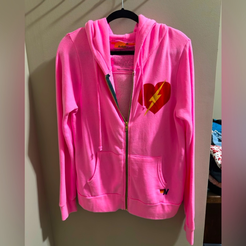Pink Aviator Nation Hoodie with Heart and Lightning Bolt